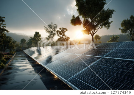 Solar Panels in a Scenic Landscape at Sunset 127574349