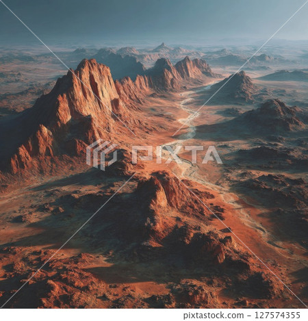 Aerial View of Red Desert Mountain Range 127574355