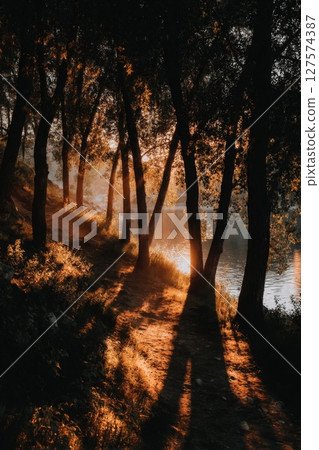 Sunset over River in Autumn Forest 127574387