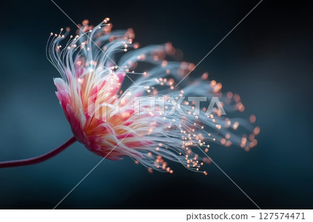 Glowing Pink and White Flower with Sparkling Petals on Dark Background 127574471