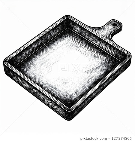 Black and White Illustration of a Square Wooden Cutting Board 127574505