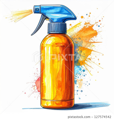 Orange Spray Bottle with Blue Trigger Watercolor Illustration Orange Spray Bottle with Blue Trigger Watercolor Illustration 127574542