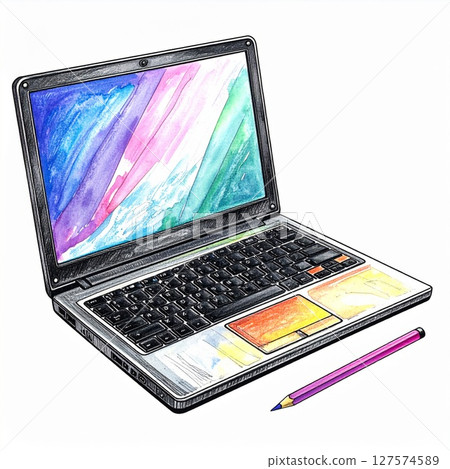 Colorful Laptop Illustration with Pencil 127574589