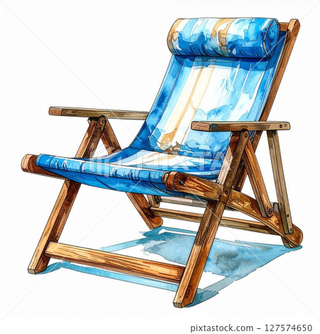Blue and White Striped Beach Chair Watercolor Illustration 127574650