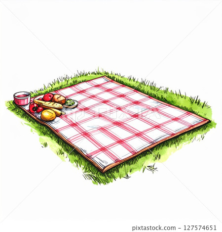 Red And White Plaid Picnic Blanket On Green Grass 127574651