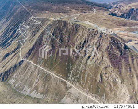 Mountain pass Katu-Yaryk. Valley of the mountain river Chulyshman. Landscape. Mountain dangerous road. 127574691