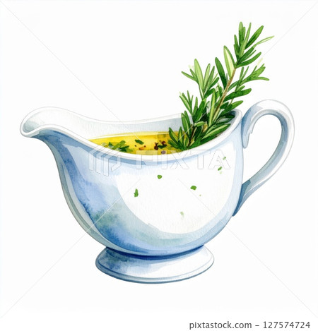 Yellow Herb Sauce in White Creamer Watercolor Illustration 127574724