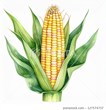 Watercolor Painting of Ripe Yellow Corn with Green Husk Watercolor Painting of Ripe Yellow Corn with Green Husk 127574737