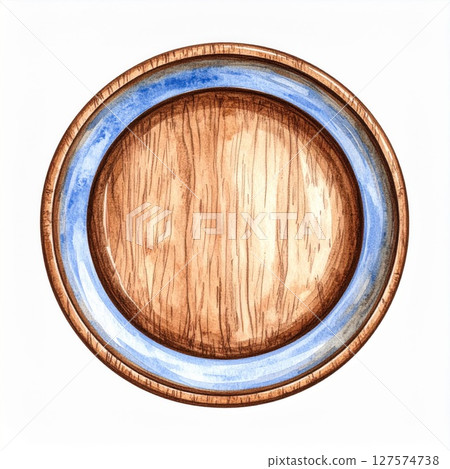 Watercolor Illustration of a Round Wooden Plate with Blue Rim 127574738