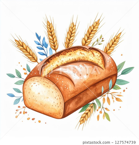 Watercolor Illustration Of A Loaf Of Bread With Wheat And Leaves 127574739