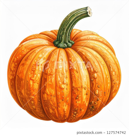 Orange Pumpkin with Water Drops on White Background Orange Pumpkin with Water Drops on White Background 127574742