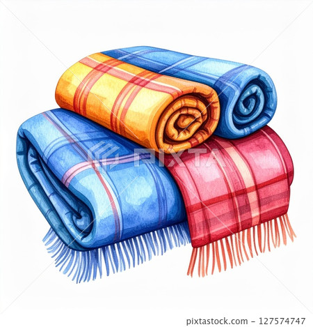 Rolled Plaid Blankets Watercolor Illustration 127574747