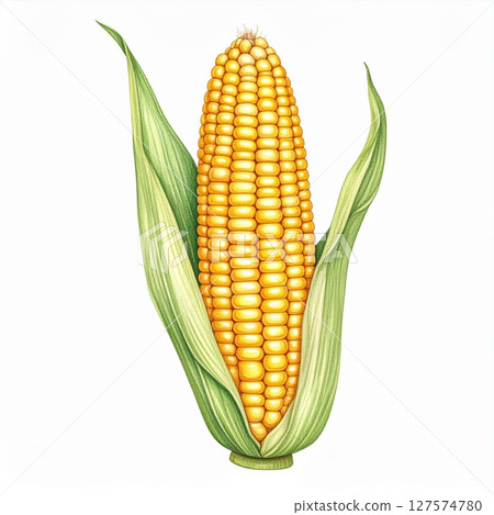 Illustration of Ripe Yellow Ear of Corn with Green Husk 127574780