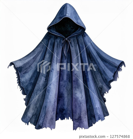Dark Blue Hooded Cloak Watercolor Painting 127574868