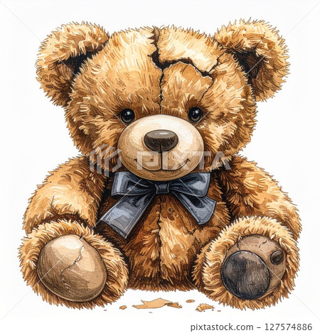 Brown Teddy Bear with a Crack Sitting on White Background 127574886