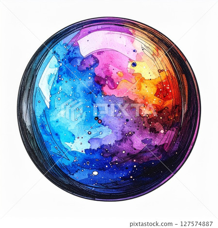 Watercolor Cosmic Sphere Painting with Vibrant Colors 127574887