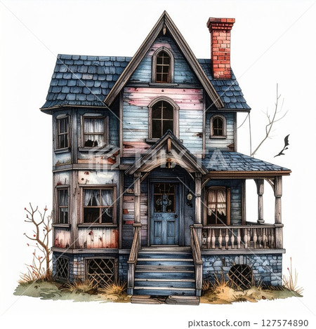 Weathered Blue House with Decaying Facade 127574890