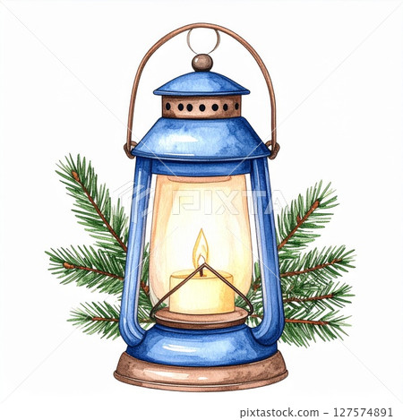 Blue Oil Lantern with Candle and Pine Branches 127574891