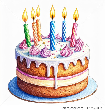 Colorful Birthday Cake with Lit Candles 127575014