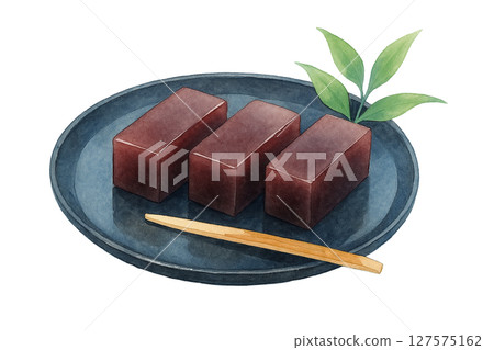 Watercolor illustration of elegant mizu yokan on a black plate 127575162