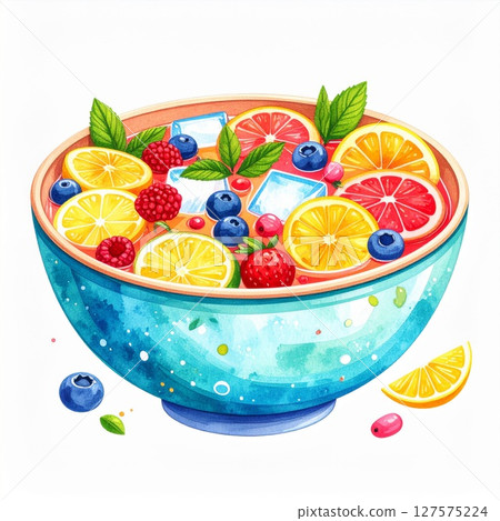 Vibrant Fruit Salad in a Blue Bowl Watercolor Illustration 127575224