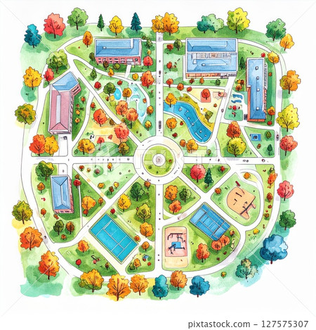 Watercolor Campus Map Illustration Autumnal Colors 127575307