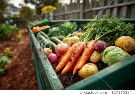 Fresh garden vegetables in raised bed container with soil 127575554