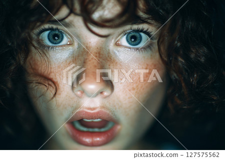 Young woman with shocked face in dark dramatic lighting 127575562