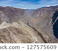 Construction of a new road to the Chulyshman River valley. Mountain pass Katu-Yaryk. Landscape. Mountain dangerous road. 127575609