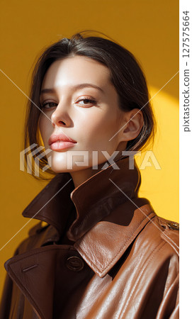 girl model in studio in leather brown trendy coat mocha mousse color 127575664