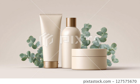 mockup empty bottle set cosmetics skin and body care with green plants 127575670