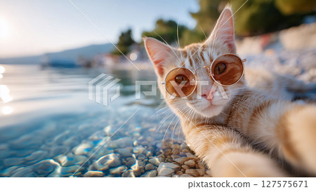 cute cat lying on the beach on vacation with phone and taking selfie 127575671