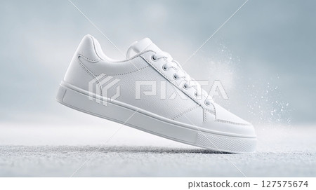 design of white sneakers in a store on a light background for advertising 127575674