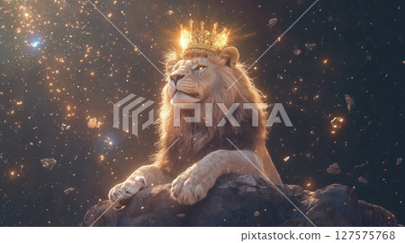 Majestic Fiery Lion with Glowing Mane and Golden Crown 127575768