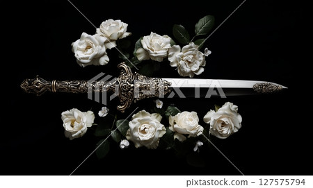 Ornate dagger surrounded by white roses 127575794
