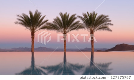Palm trees reflected in a pool at dawn 127575797