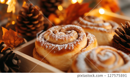 Warm for golden cinnamon rolls on wooden tray 127575891