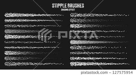 Ink scatter brush, stipple drawing and texturing. Fading gradient. Stippling, dotwork drawing, shading using dots. Halftone disintegration effect. White noise grainy texture. Vector illustration 127575954
