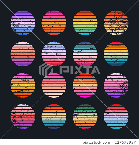 Grunge vintage colorful sunset. Striped gradient sunrise badges in 80s and 90s style. Sun and ocean view, summer vibes, surfing. Design element for print, logo or t-shirt. Vector illustration 127575957