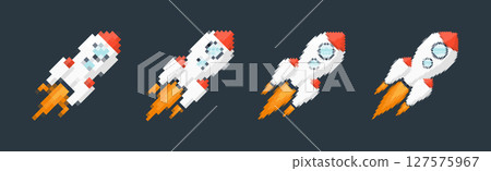 Pixel art rocket with fiery trails, retro games, space-themed designs, apps, or animations. 8-bit style for technology, sci-fi, and futuristic creative projects. Vector illustration Pixel art rocket with fiery trails, retro games, space-themed designs, apps, or animations. 8-bit style for technology, sci-fi, and futuristic creative projects. Vector illustration 127575967