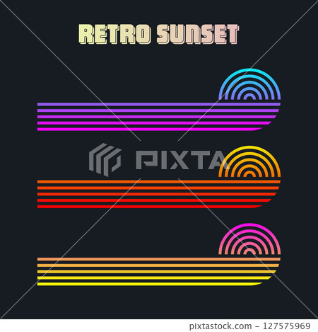 Vintage colorful sunset. Various gradient striped sunrise badges in 80s and 90s style. Sun and ocean view, summer vibes, surfing. Design element for print, logo or t-shirt. Vector illustration 127575969