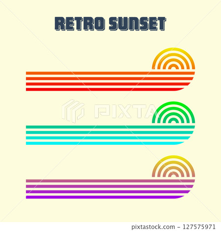 Vintage colorful sunset. Various gradient striped sunrise badges in 80s and 90s style. Sun and ocean view, summer vibes, surfing. Design element for print, logo or t-shirt. Vector illustration 127575971