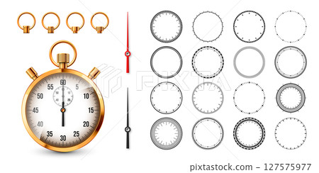 Realistic classic stopwatch. Shiny golden metal chronometer, time counter with dial. Countdown timer showing minutes and seconds. Time measurement for sport, start, finish. Vector illustration 127575977
