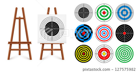 Shooting range target on a wooden easel stand. Paper target with divisions, marks and numbers. Archery, gun shooting and training, sport competition, hunting. Bullseye and aim. Vector illustration 127575982