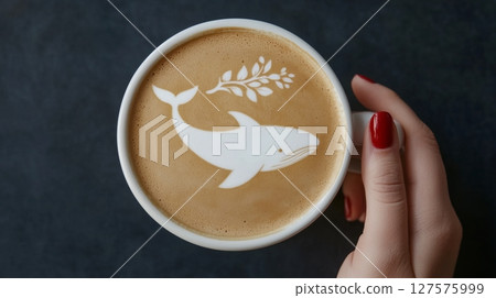 A cup of aromatic latte with an original latte art design 127575999