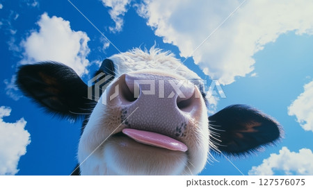 Close-up of a cow with its tongue out against a clear blue sky 127576075
