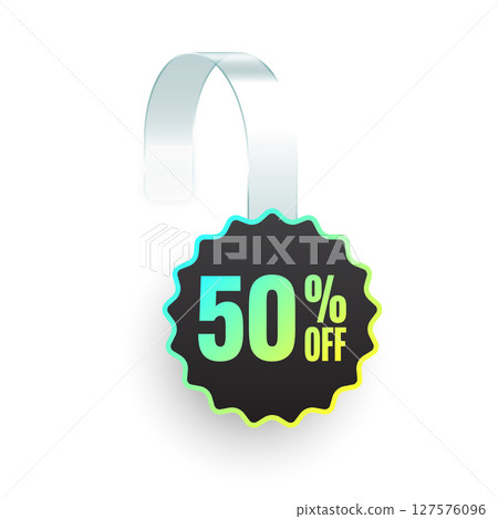 Supermarket promotional wobblers. Realistic white wobbler template for shelf advertising, 50 percent off discount. Sale label with ad text. Special offer price tag. Vector illustration Supermarket promotional wobblers. Realistic white wobbler template for shelf advertising, 50 percent off discount. Sale label with ad text. Special offer price tag. Vector illustration 127576096