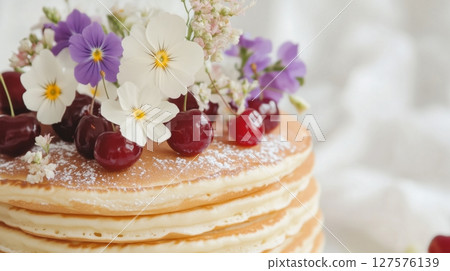 Festive pancake cake topped with bright edible flowers Festive pancake cake topped with bright edible flowers 127576139