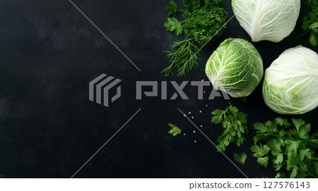 Fresh cabbage surrounded by herbs 127576143