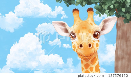 Funny shy giraffe hiding and peeking from behind a tree. 127576150